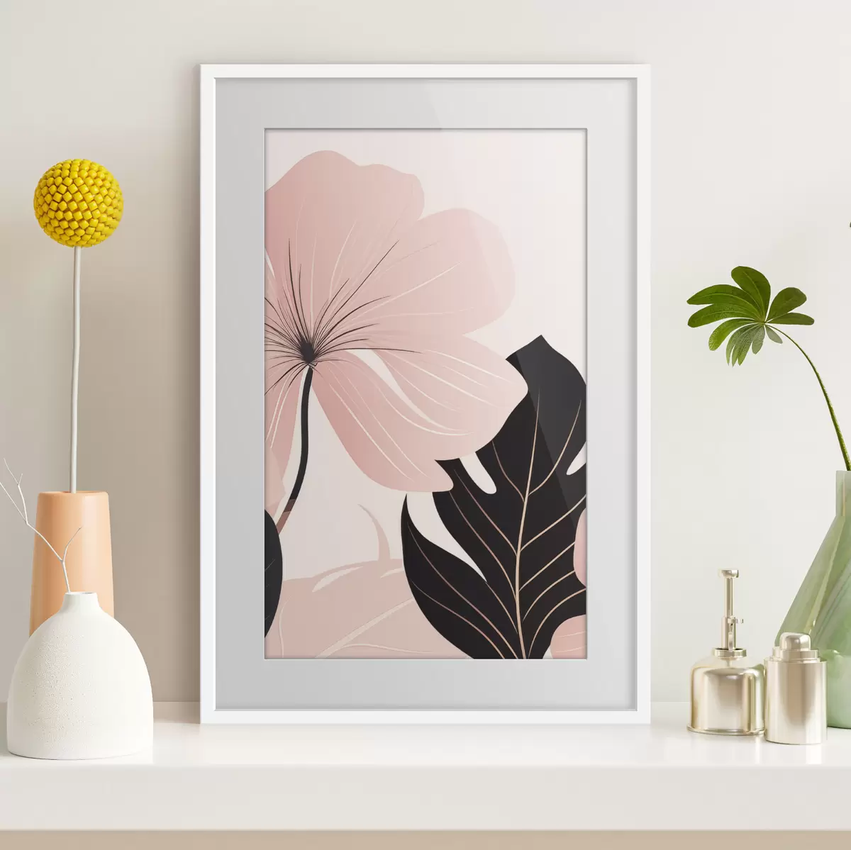 Poster Fleur rose avec une feuille aux reflets noirs f50389