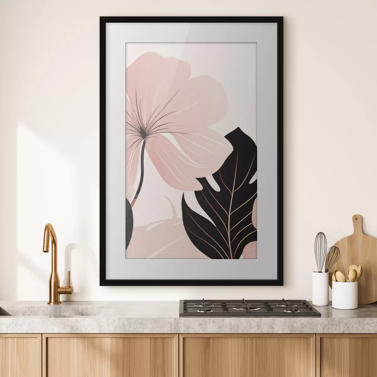 Poster Fleur rose avec une feuille aux reflets noirs f50389