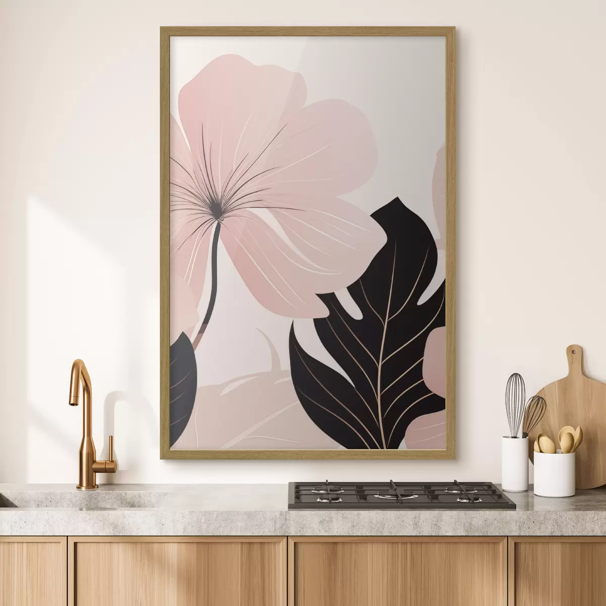 Poster Fleur rose avec une feuille aux reflets noirs f50389