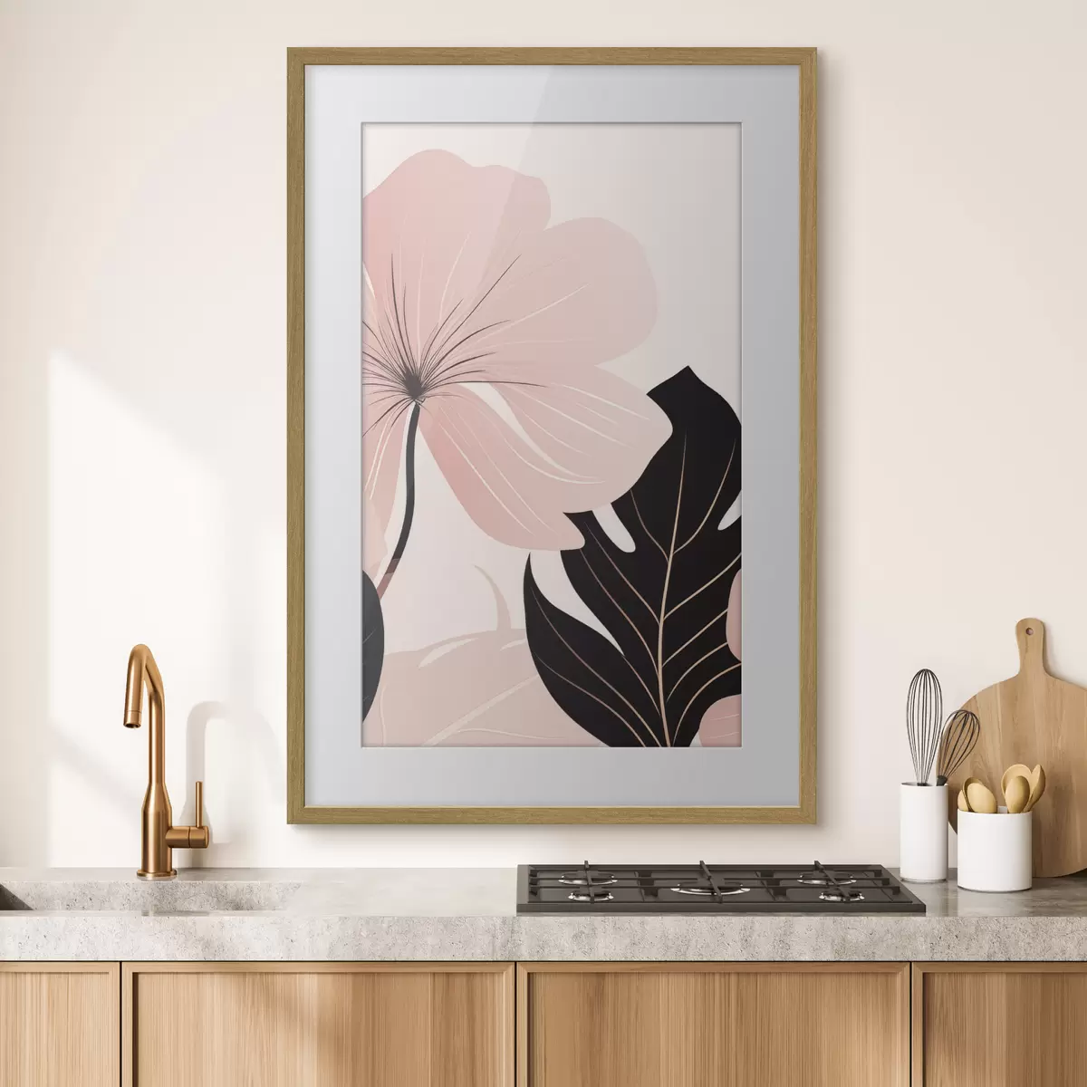 Poster Fleur rose avec une feuille aux reflets noirs f50389