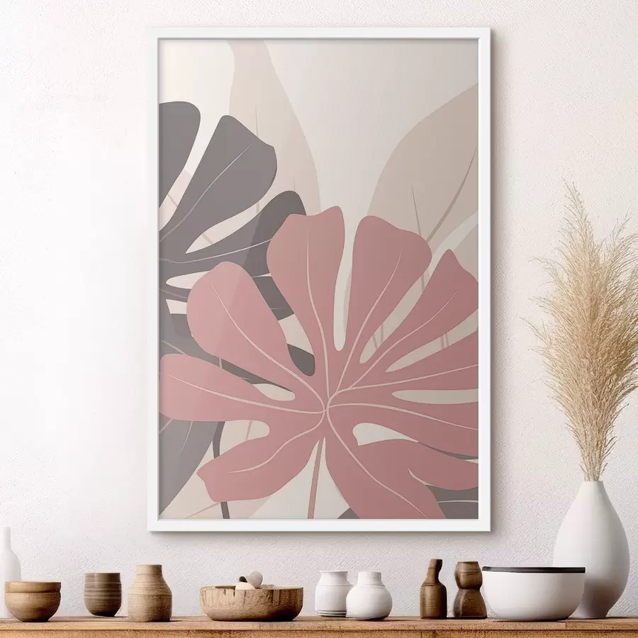 Papier peint Feuilles tropicales roses et grises f50391