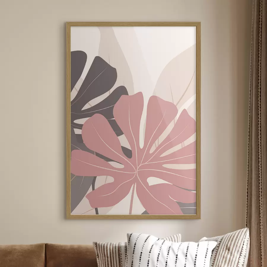 Papier peint Feuilles tropicales roses et grises f50391