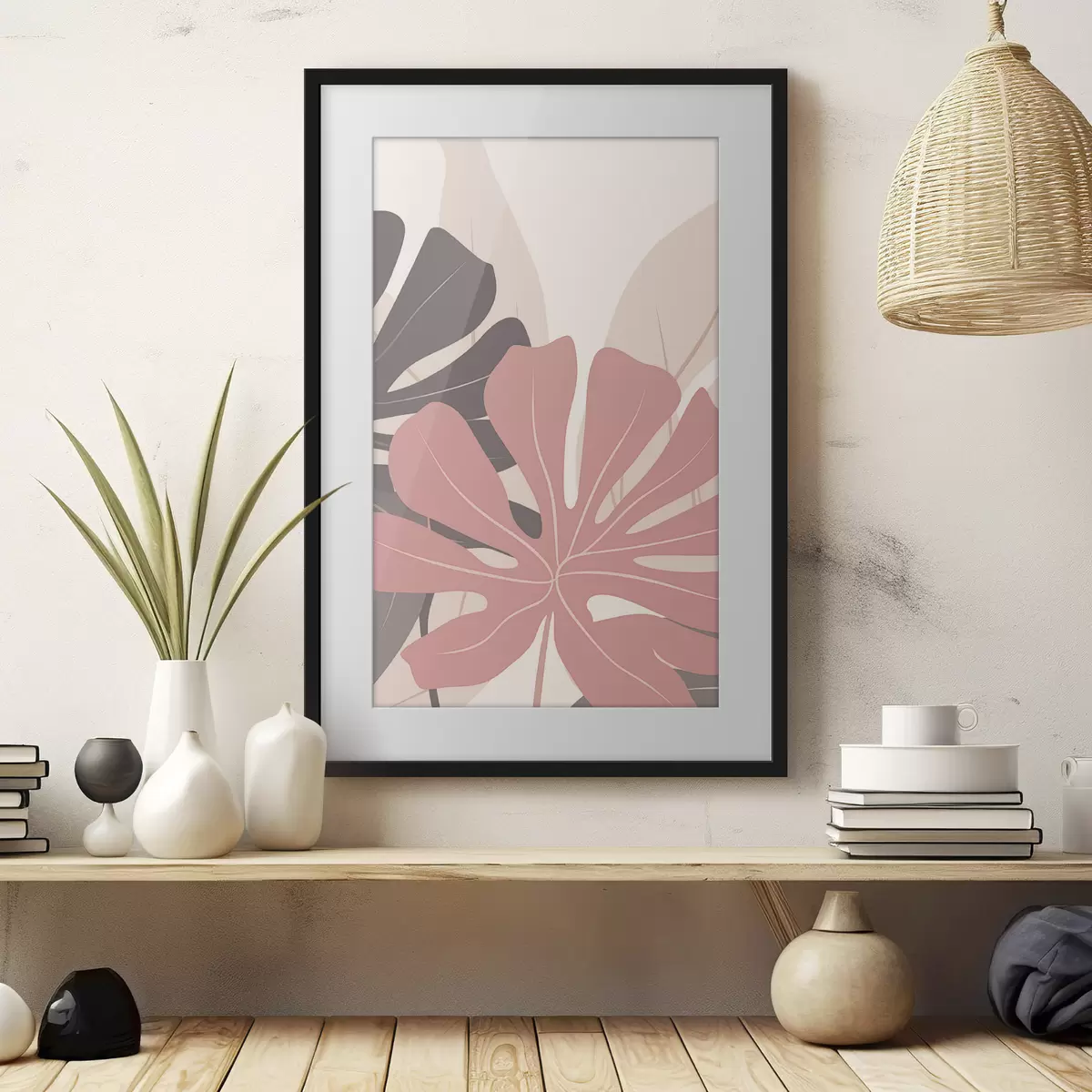Poster Feuilles tropicales roses et grises f50391