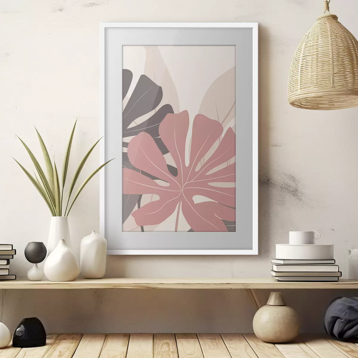 Poster Feuilles tropicales roses et grises f50391