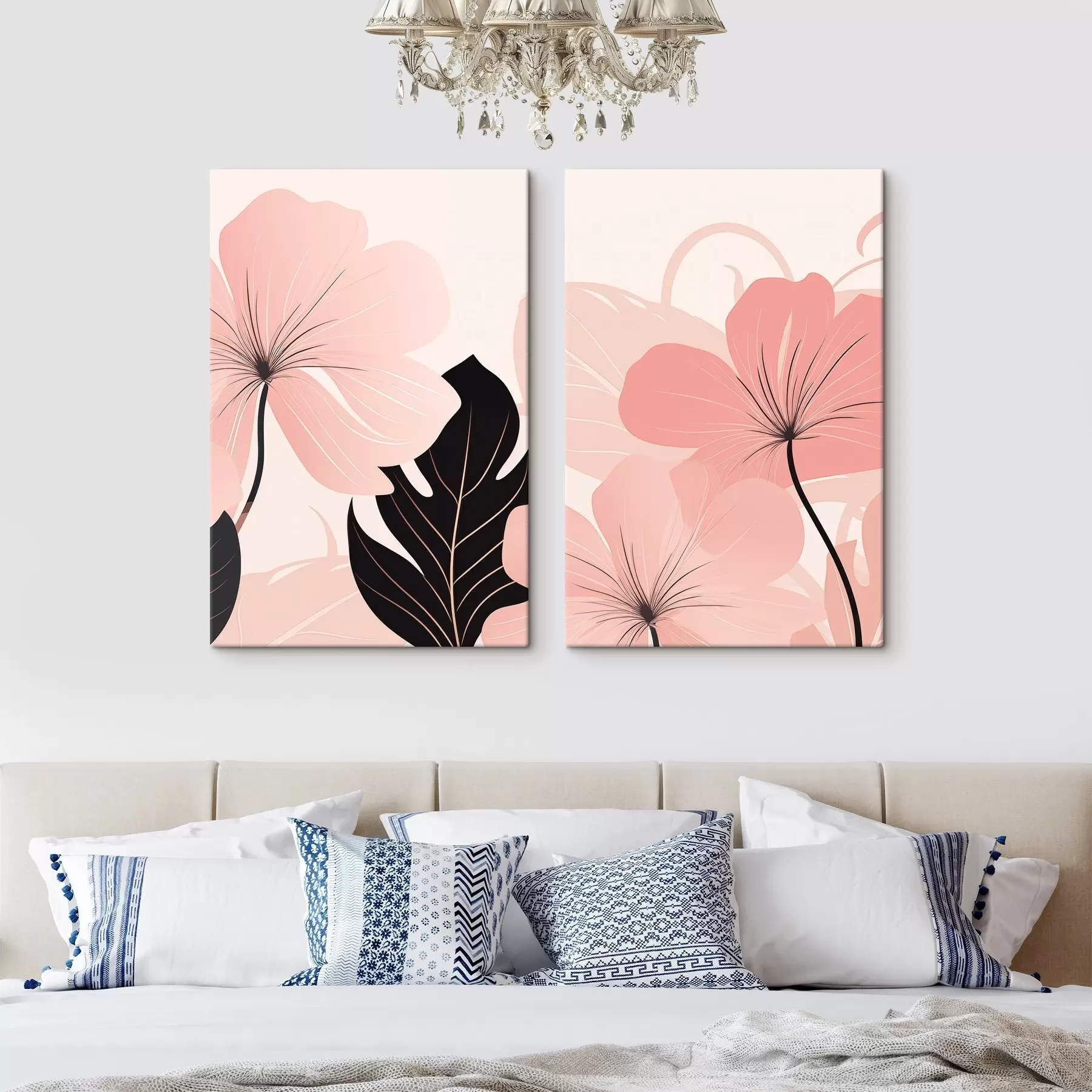 Tableau Fleurs roses et feuilles stylisées m30902