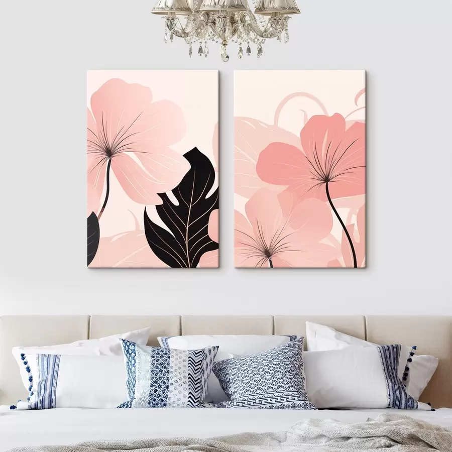 Tableau Fleurs roses et feuilles stylisées m30902