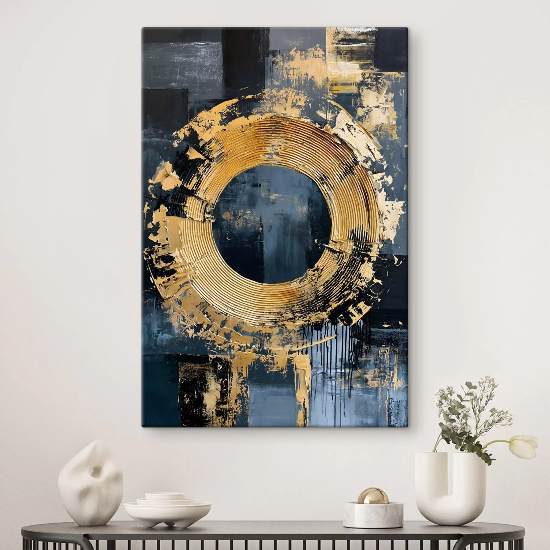 Tableau Une peinture abstraite représentant un cercle et des coups de pinceau simulés s50485