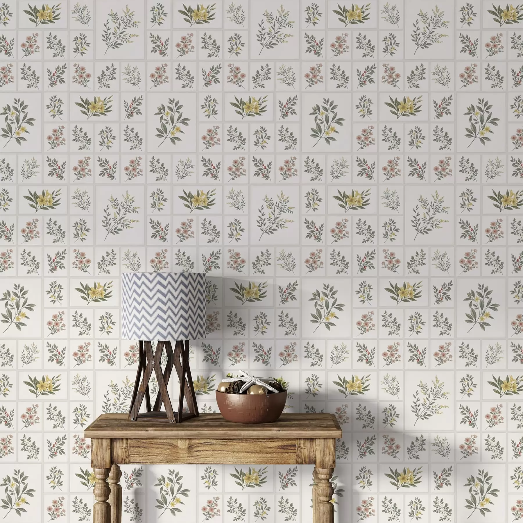 Papier peint Motif botanique composé de fleurs et de feuilles dans des cadres a01258