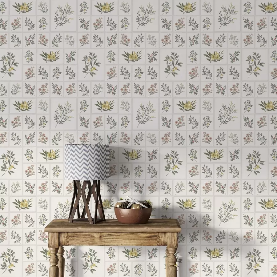 Papier peint Motif botanique composé de fleurs et de feuilles dans des cadres a01258