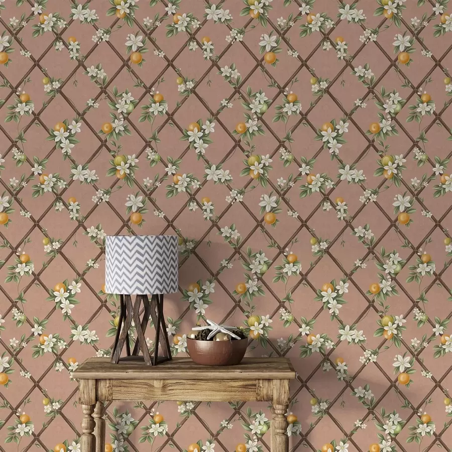 Papier peint Fleurs et agrumes sur fond rose avec un motif en treillis a01261v1