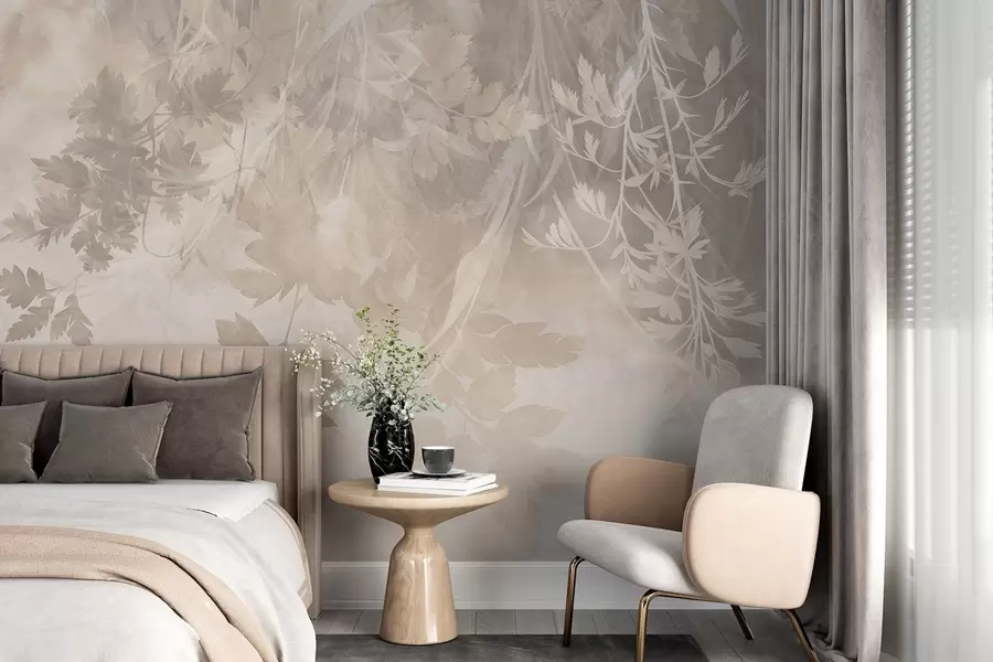 Papier peint Des feuilles et des branches texturées sur un fond beige doux et discret w10020