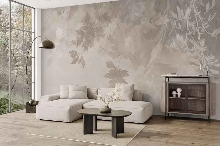 Papier peint Des feuilles et des branches texturées sur un fond beige doux et discret w10020