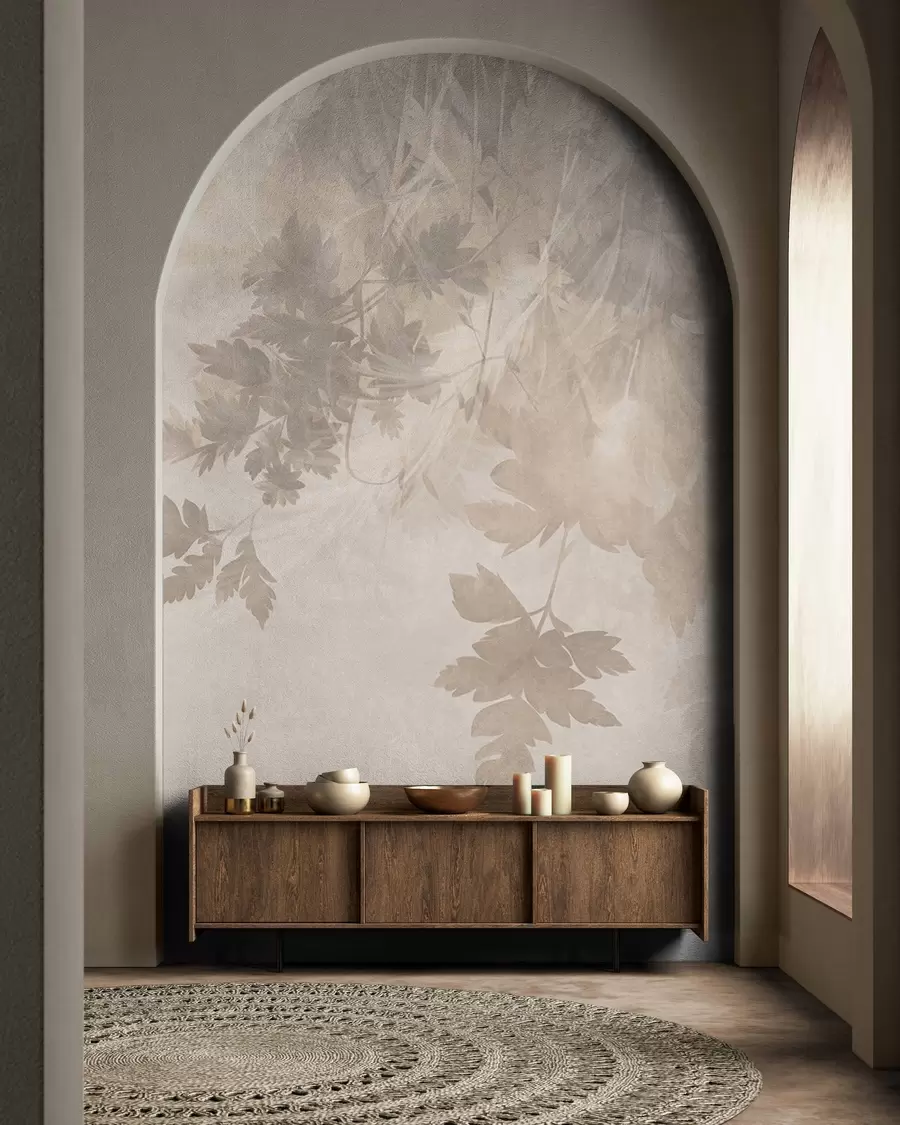 Papier peint Des feuilles et des branches texturées sur un fond beige doux et discret w10020