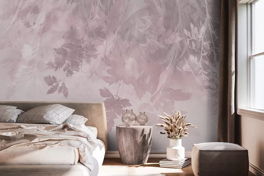 Papier peint Des feuilles et des branches texturées sur un fond rose tendre et discret w10020v1