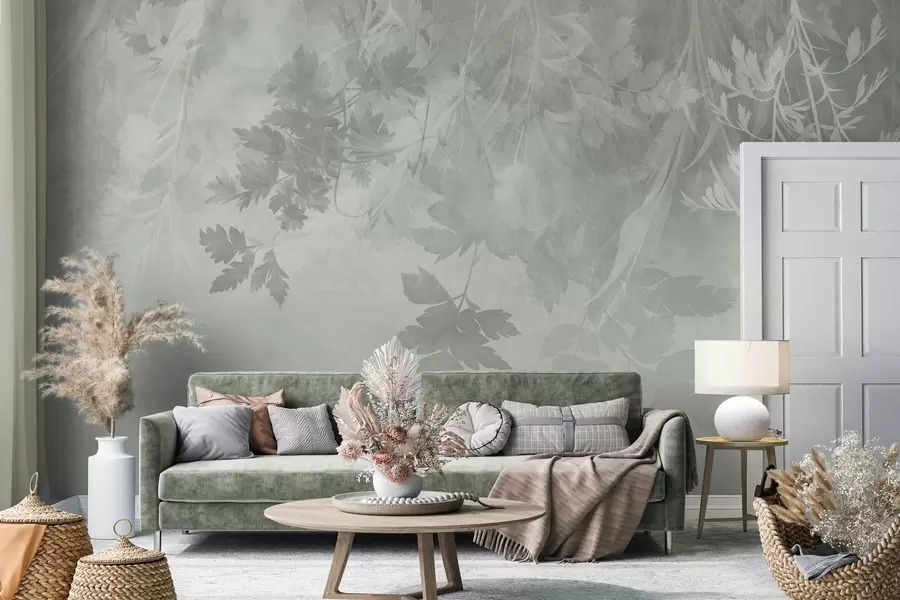 Papier peint Des feuilles et des branches texturées sur un fond vert doux et discret w10020v2