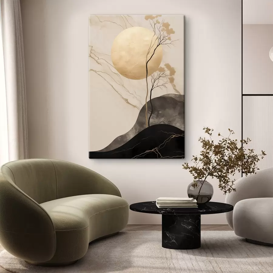 Tableau Une œuvre d'art abstrait minimaliste, représentant un arbre et des textures fluides dans des tons beiges et noirs s50612
