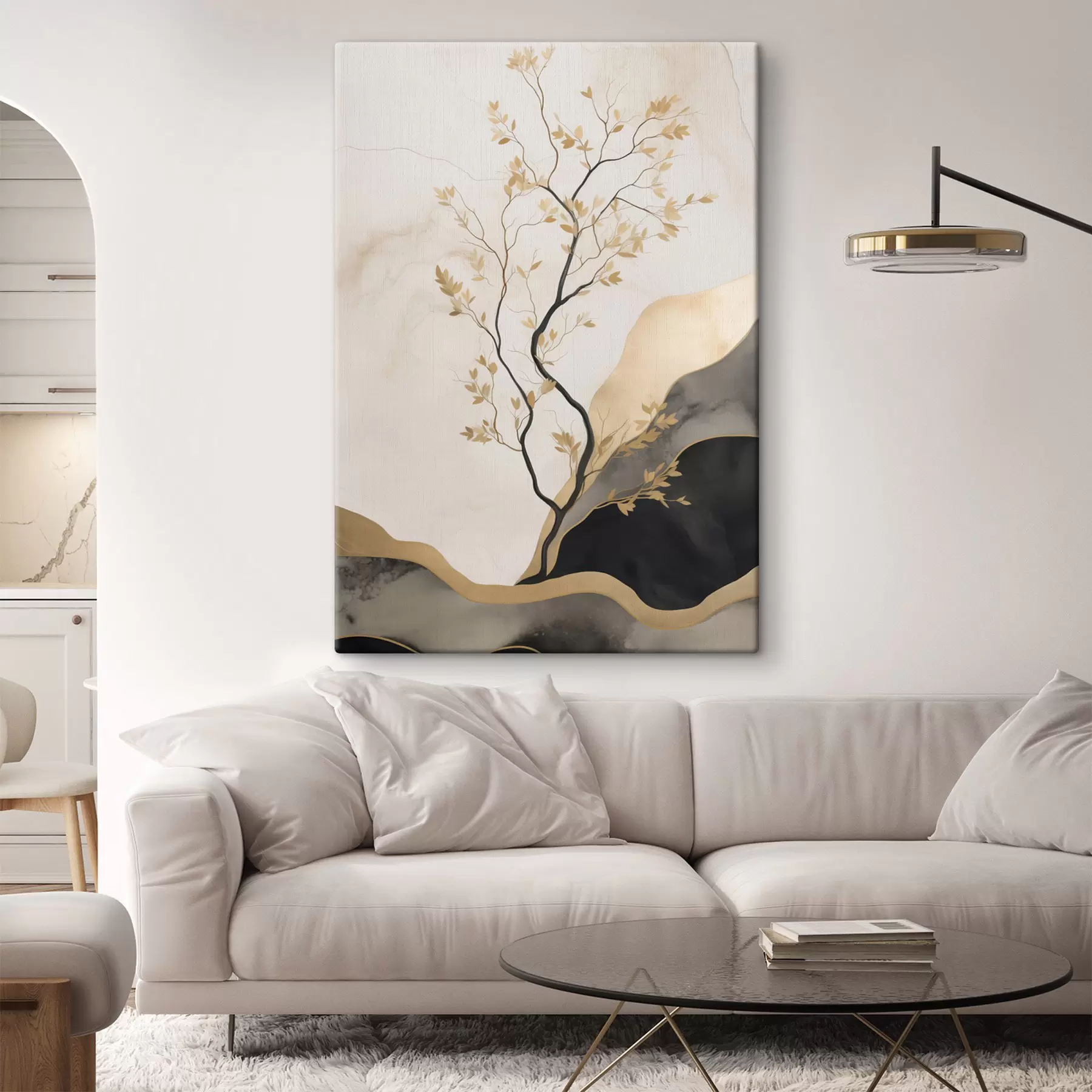 Tableau Une œuvre d'art abstrait minimaliste, représentant un arbre et des textures fluides dans des tons beiges et noirs s50613