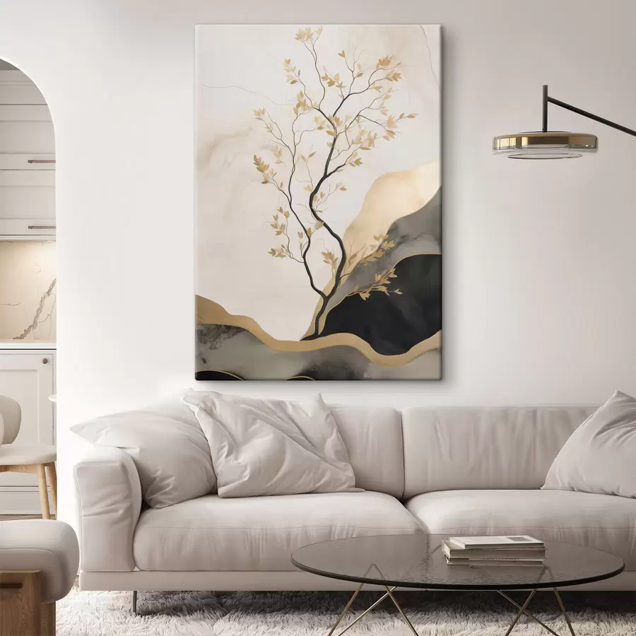 Tableau Une œuvre d'art abstrait minimaliste, représentant un arbre et des textures fluides dans des tons beiges et noirs s50613
