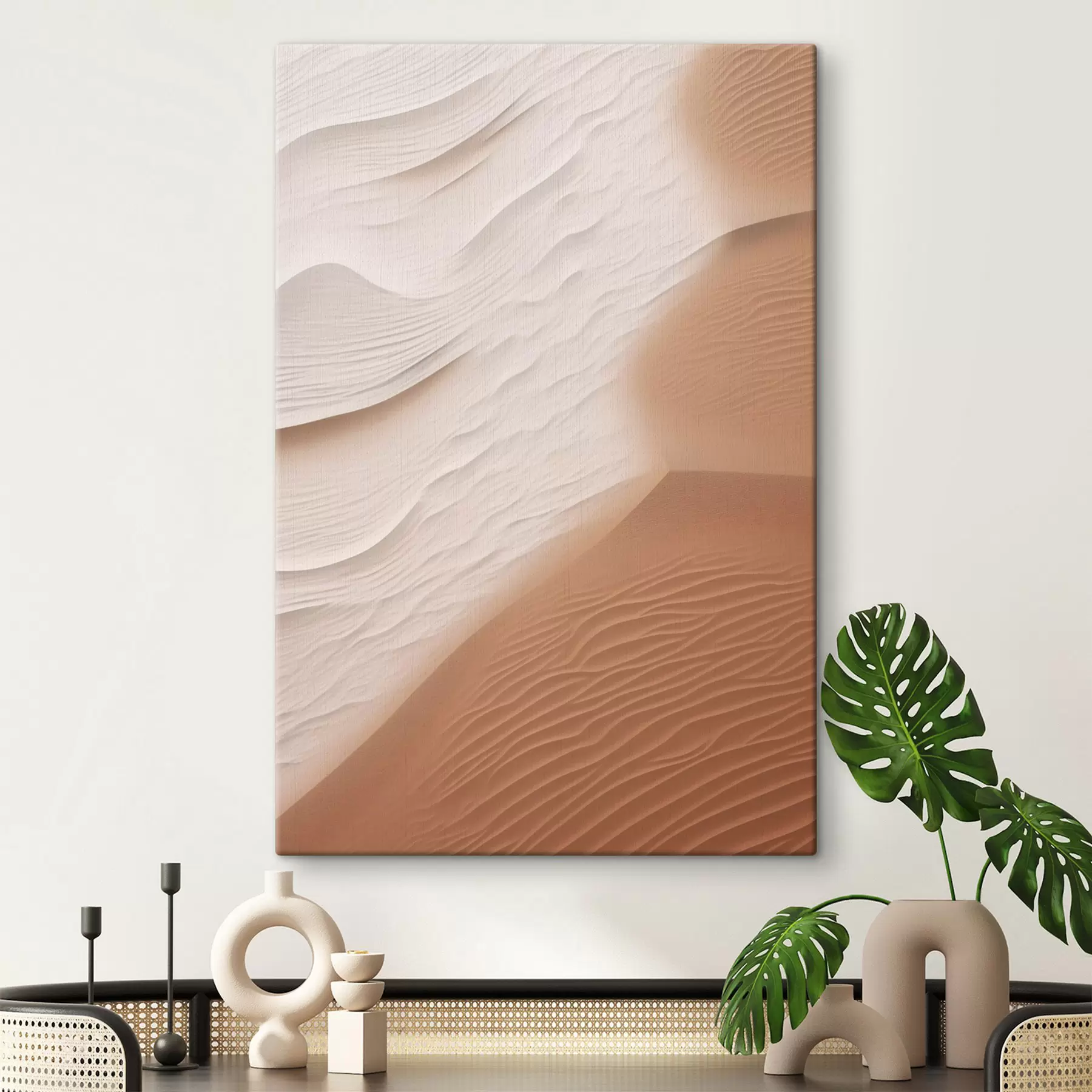 Tableau Des dunes de sable ondulantes dans un désert, aux courbes et textures douces et fluides s50614