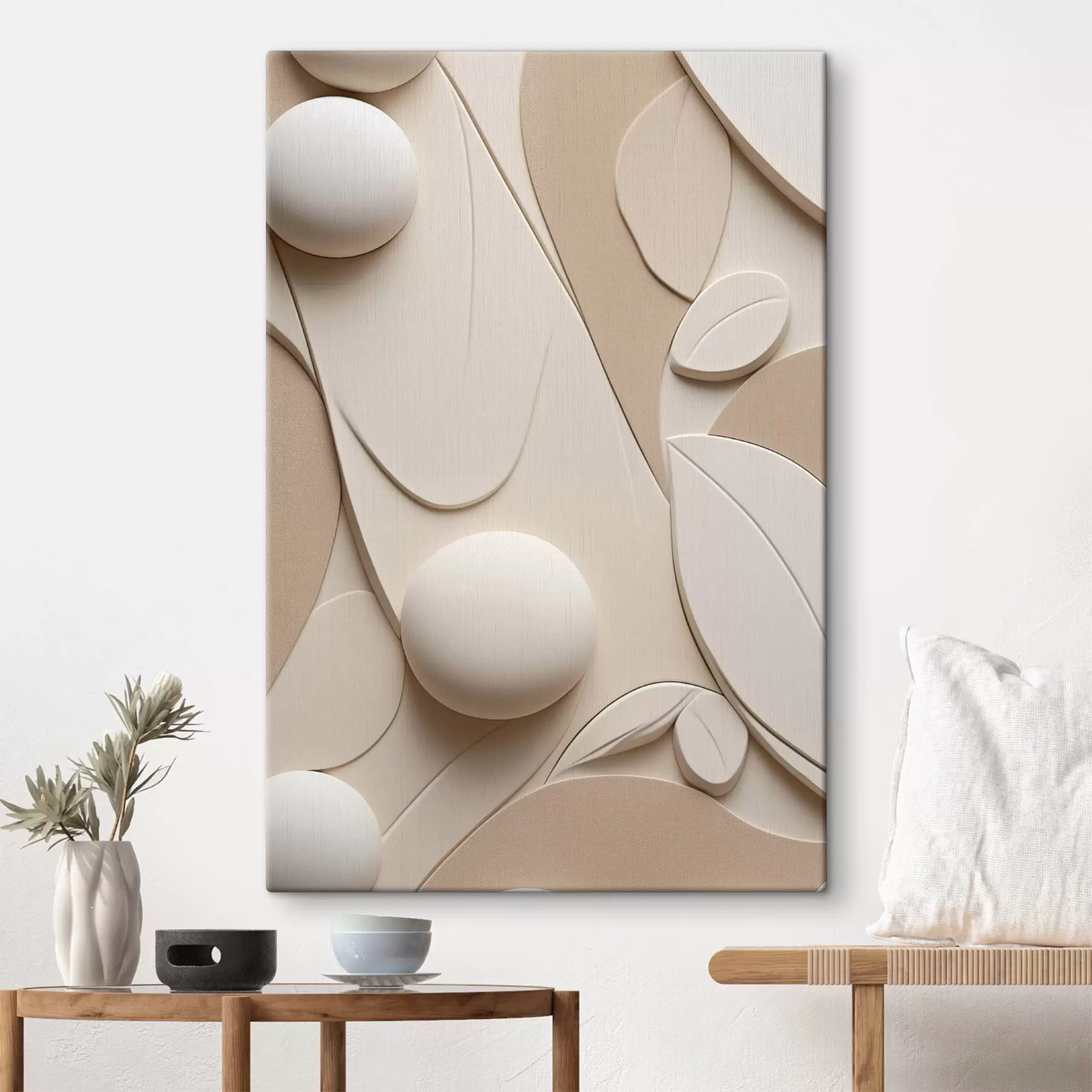 Tableau Composition abstraite composée de formes organiques et de sphères dans des tons neutres s50616