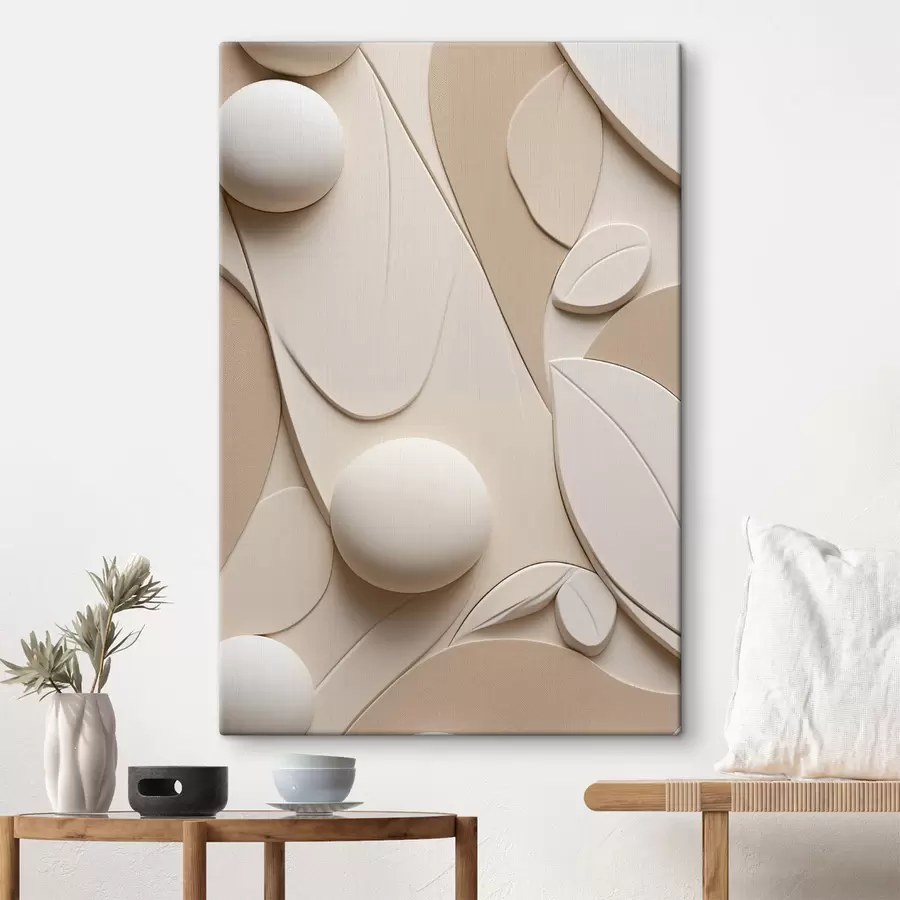Tableau Composition abstraite composée de formes organiques et de sphères dans des tons neutres s50616