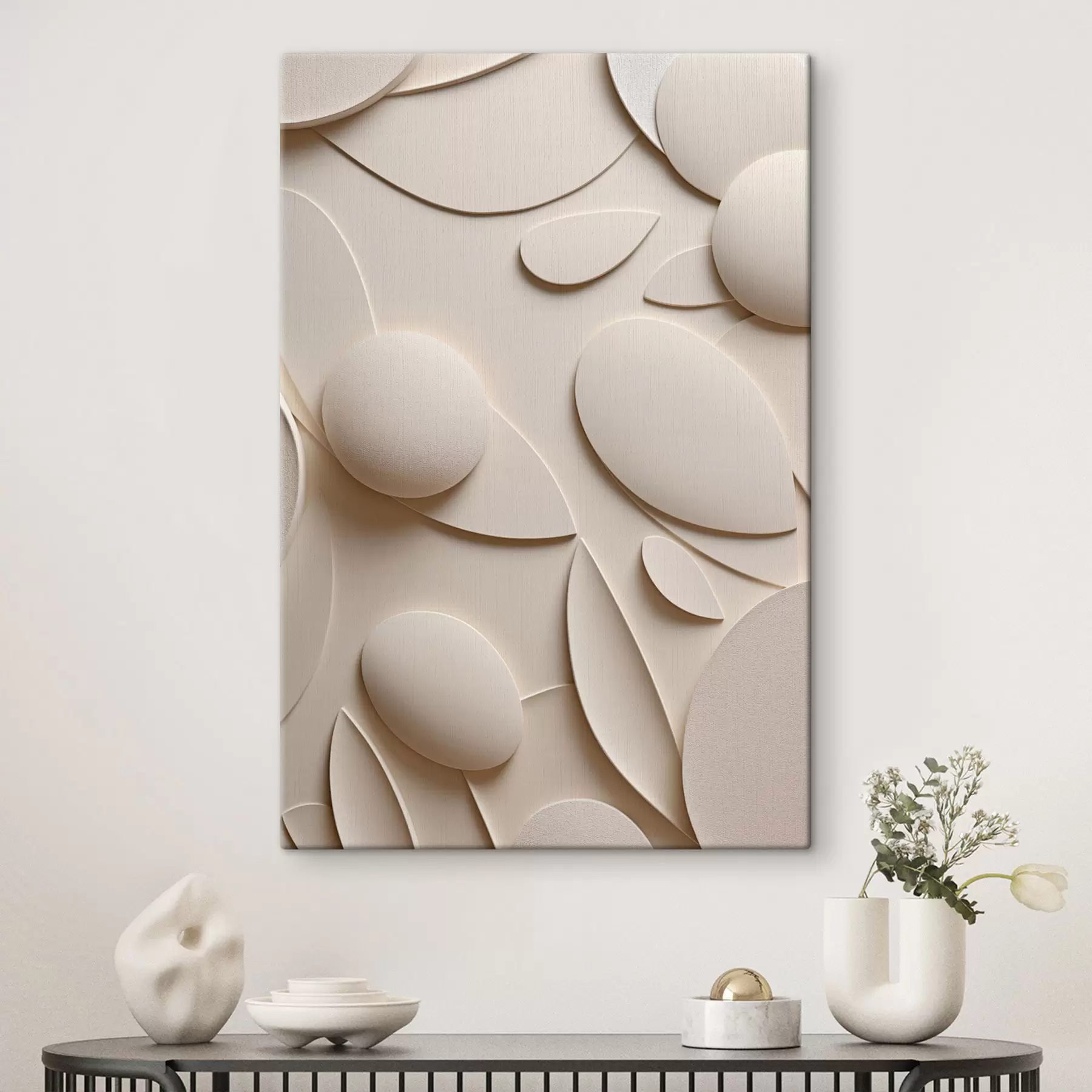 Tableau Composition abstraite composée de formes organiques et de sphères dans des tons neutres s50617