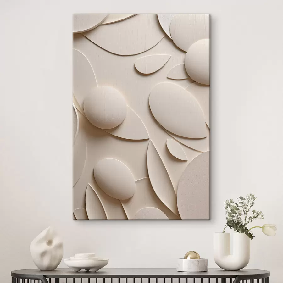 Tableau Composition abstraite composée de formes organiques et de sphères dans des tons neutres s50617