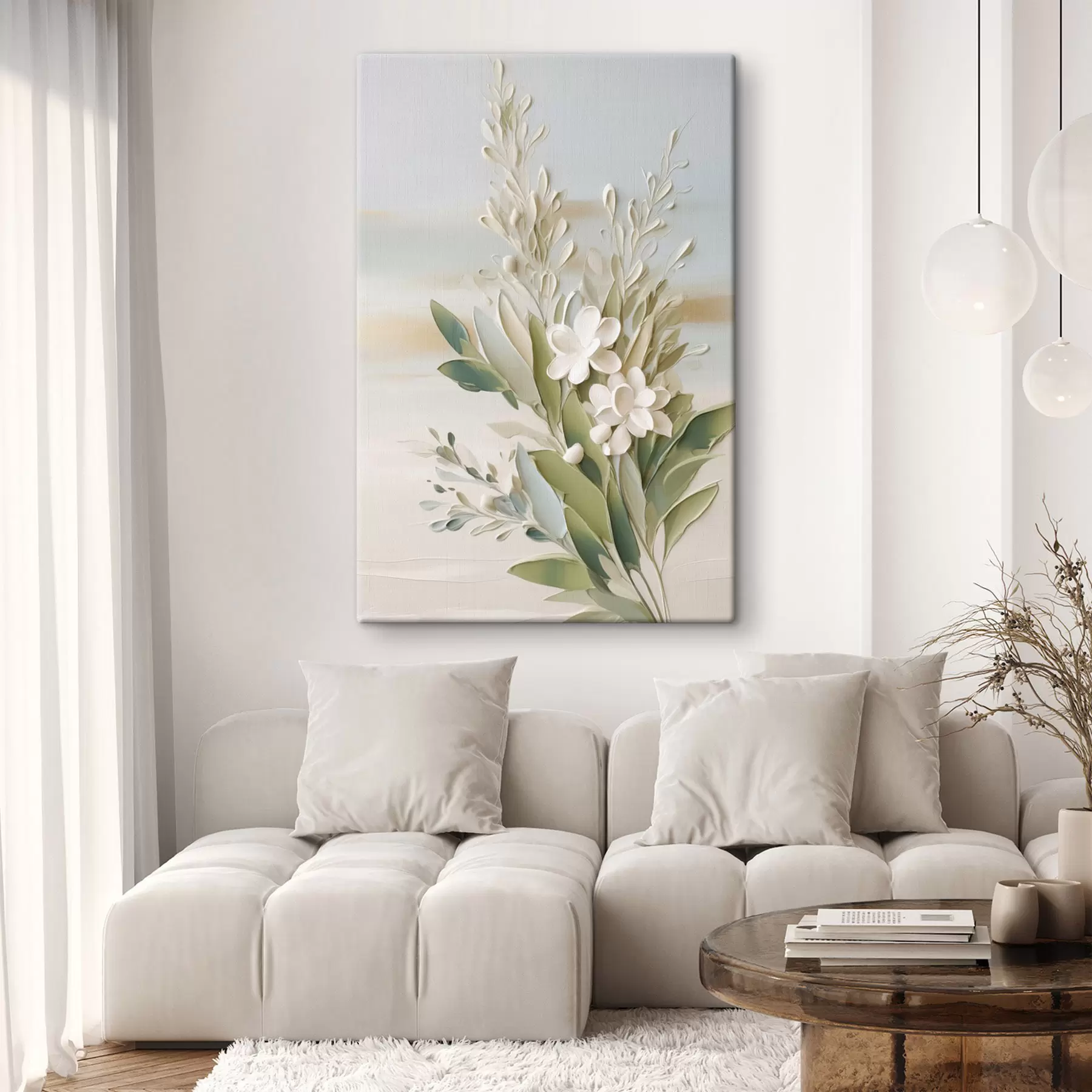 Tableau Des fleurs blanches et des feuilles vertes sur un fond doux et texturé aux couleurs pastel s50618