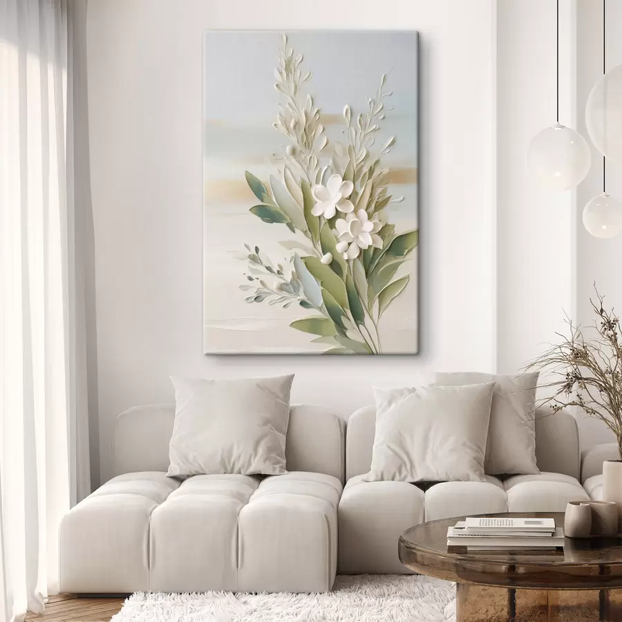 Tableau Des fleurs blanches et des feuilles vertes sur un fond doux et texturé aux couleurs pastel s50618