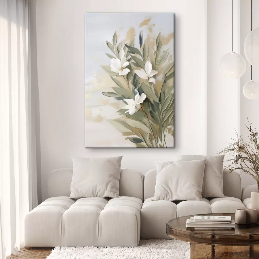 Tableau Des fleurs blanches et des feuilles vertes sur un fond doux et texturé aux couleurs pastel s50619