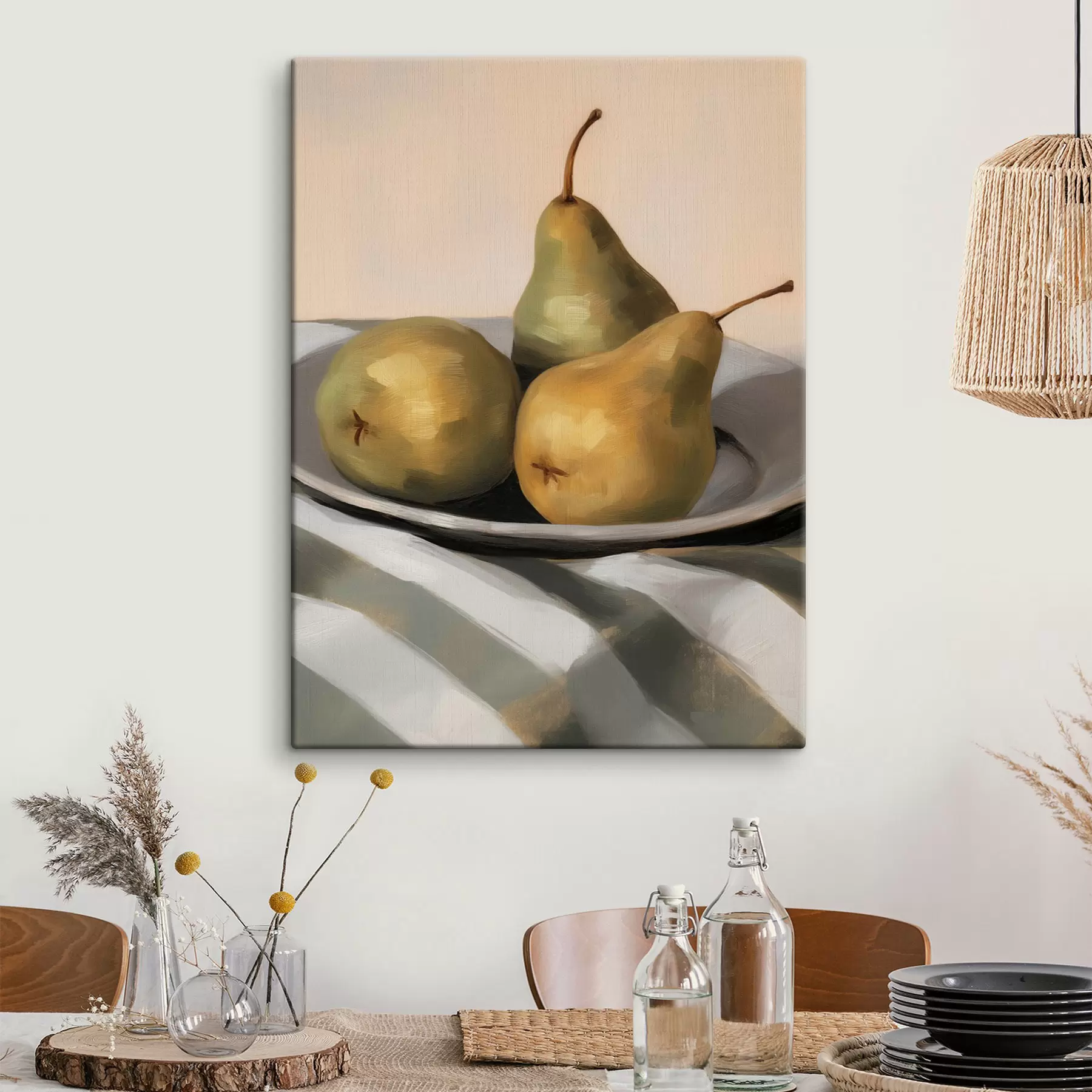 Tableau Nature morte aux poires sur un linge rayé s50620