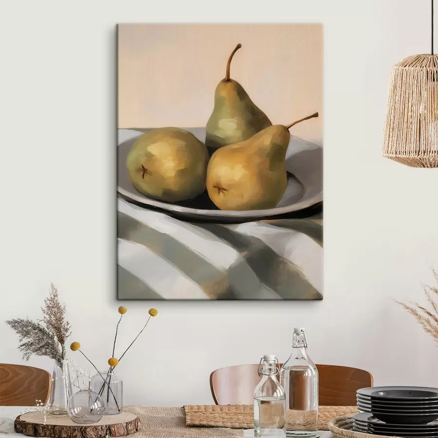 Tableau Nature morte aux poires sur un linge rayé s50620