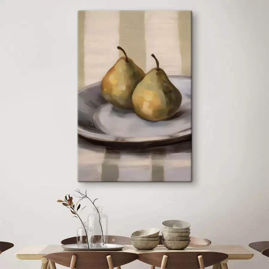 Tableau Nature morte aux poires sur un linge rayé s50621
