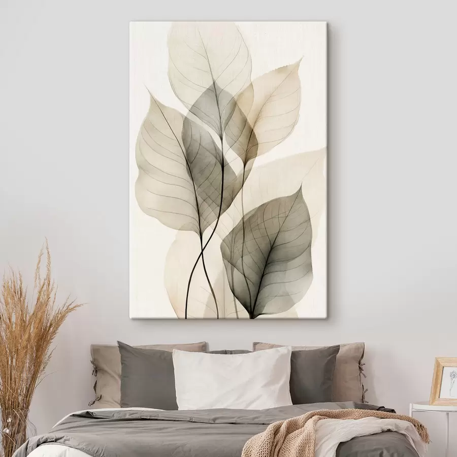 Tableau Feuilles transparentes texturées dans des tons de beige et de gris, sur fond clair s50624