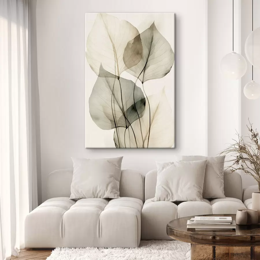 Tableau Feuilles transparentes texturées dans des tons de beige et de gris, sur fond clair s50625