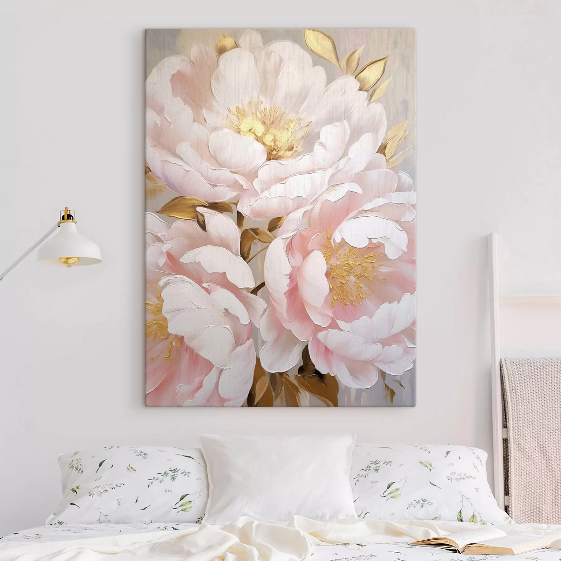 Tableau Pivoines rose pâle, style « coups de pinceau » texturés, fond abstrait s50628