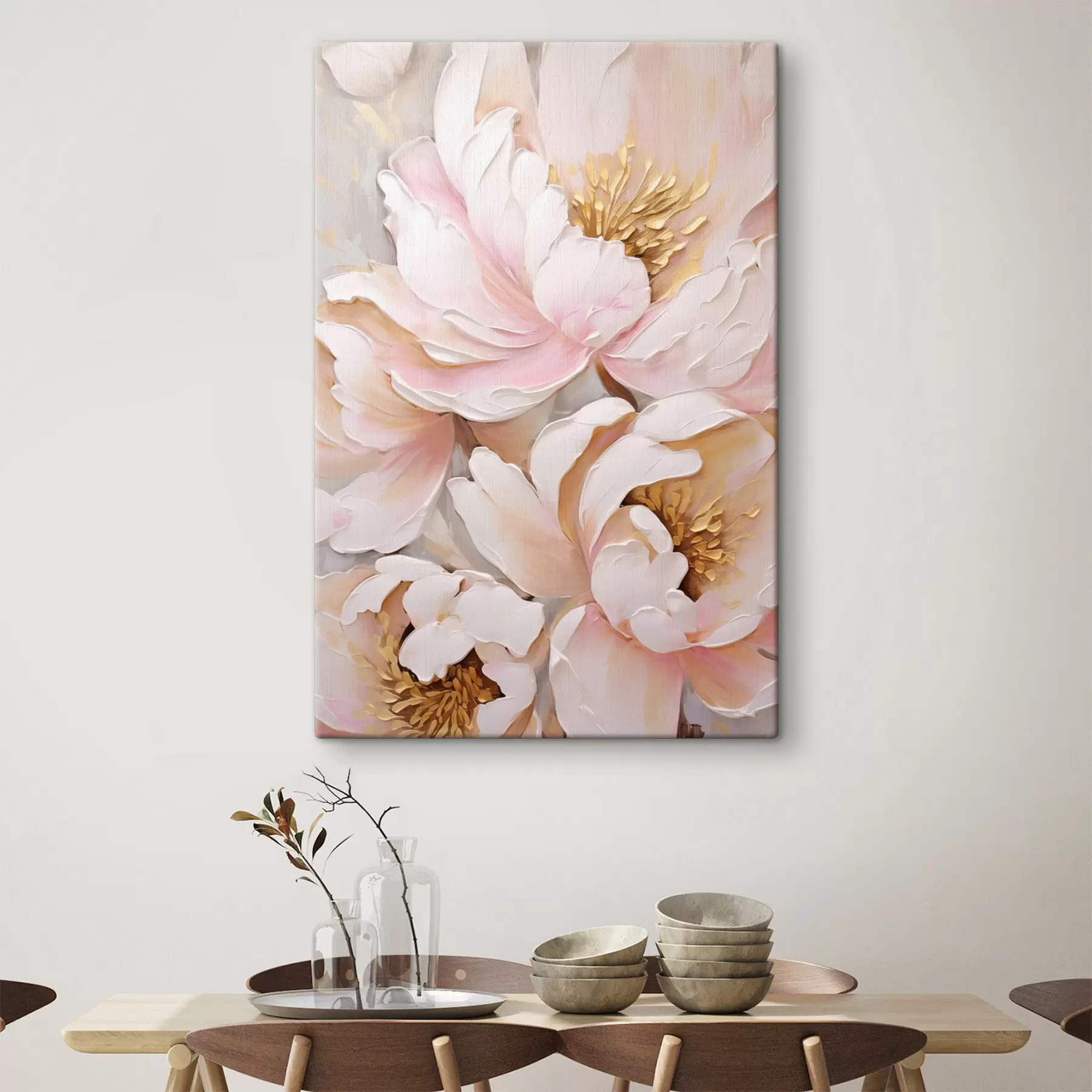 Tableau Pivoines rose pâle, style « coups de pinceau » texturés, fond abstrait s50629