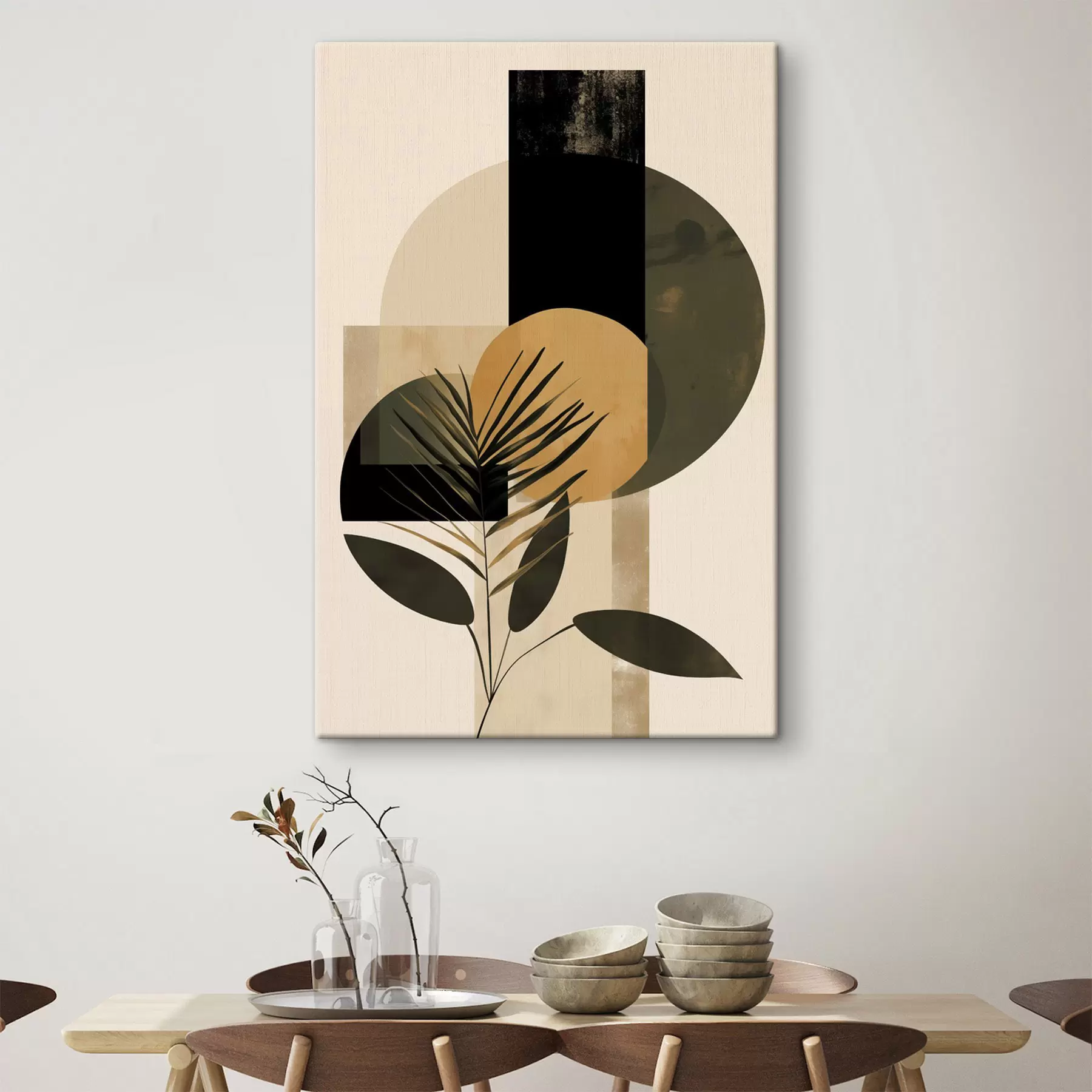 Tableau Composition abstraite composée de formes géométriques et de feuilles tropicales, texturée s50632
