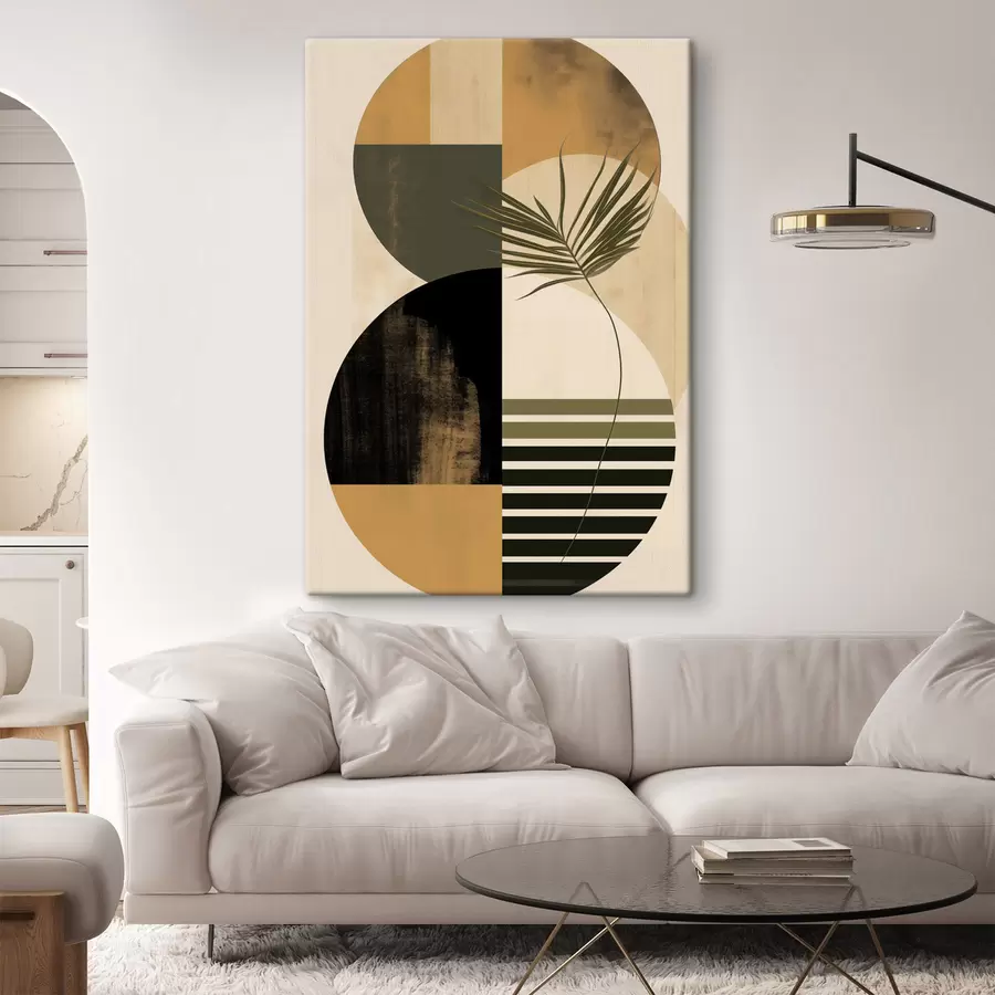 Tableau Composition abstraite composée de formes géométriques et de feuilles tropicales, texturée s50633