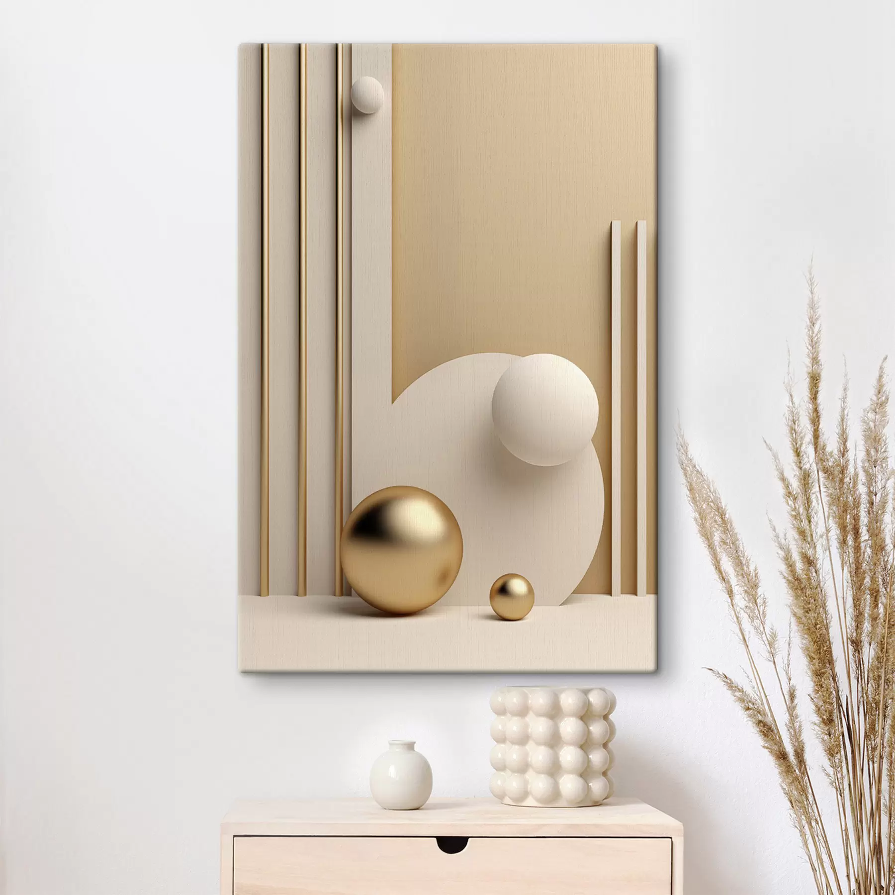Tableau Œuvre d'art moderne abstraite composée de sphères et de lignes verticales, composition minimaliste s50637
