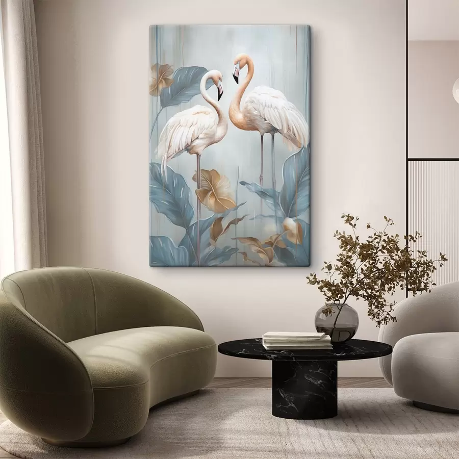 Tableau Des flamants roses avec des feuilles tropicales, aux couleurs pastel s50638