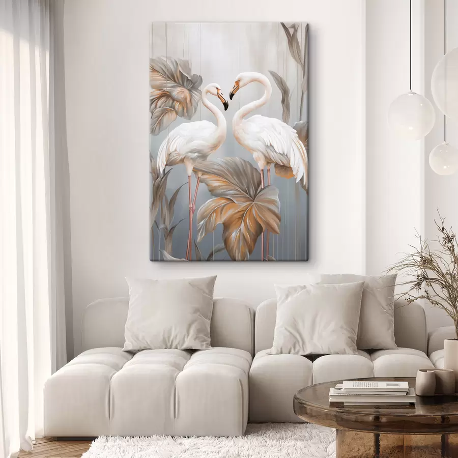 Tableau Des flamants roses avec des feuilles tropicales, aux couleurs pastel s50639