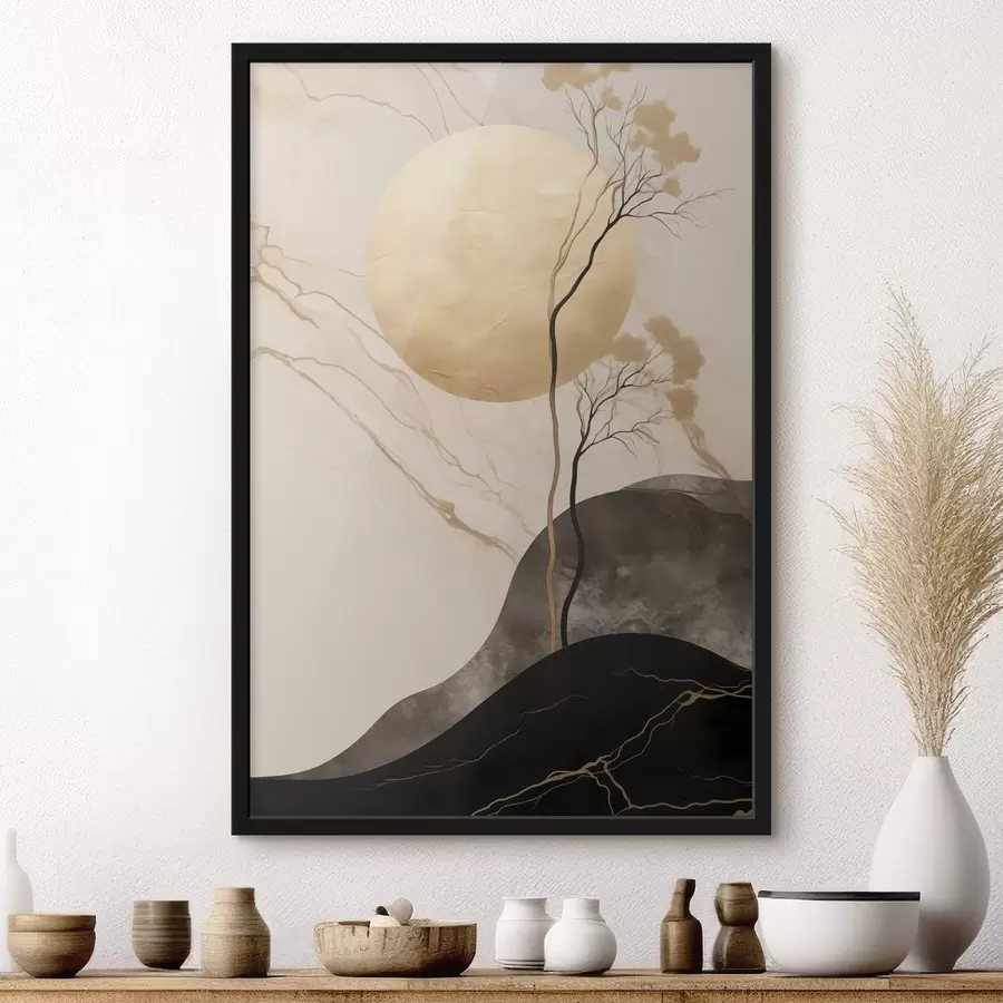 Papier peint Une œuvre d'art abstrait minimaliste, représentant un arbre et des textures fluides dans des tons beiges et noirs f50612