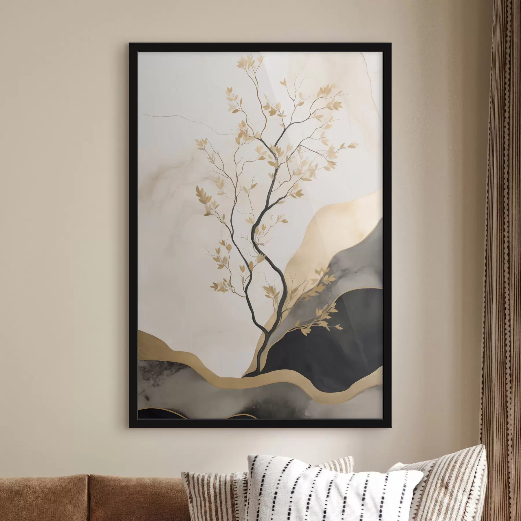 Papier peint Une œuvre d'art abstrait minimaliste, représentant un arbre et des textures fluides dans des tons beiges et noirs f50613