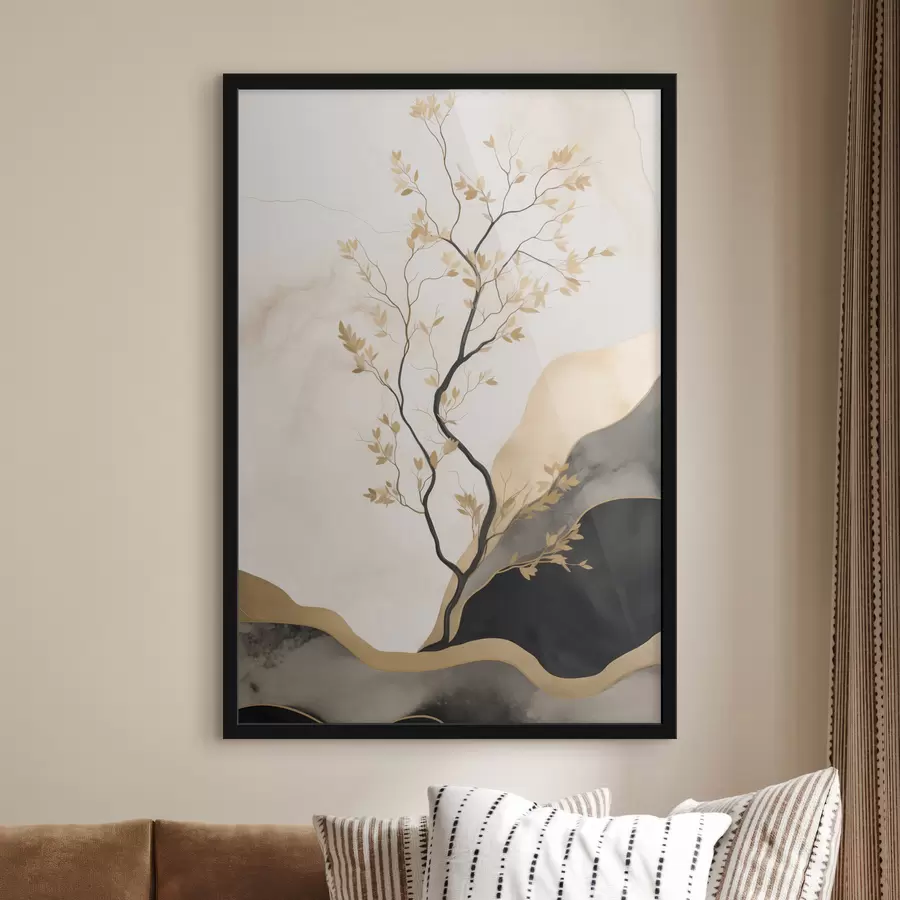 Papier peint Une œuvre d'art abstrait minimaliste, représentant un arbre et des textures fluides dans des tons beiges et noirs f50613