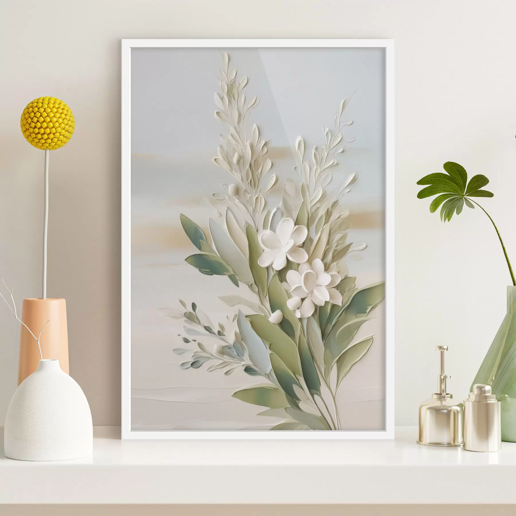 Papier peint Des fleurs blanches et des feuilles vertes sur un fond doux et texturé aux couleurs pastel f50618
