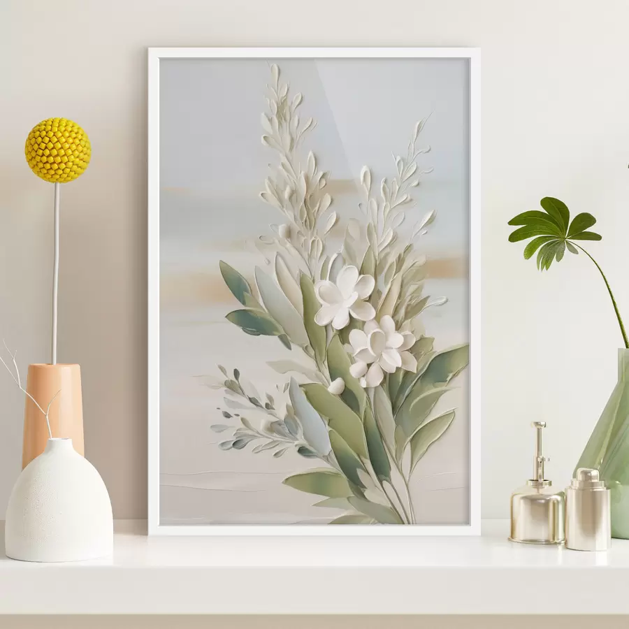 Papier peint Des fleurs blanches et des feuilles vertes sur un fond doux et texturé aux couleurs pastel f50618