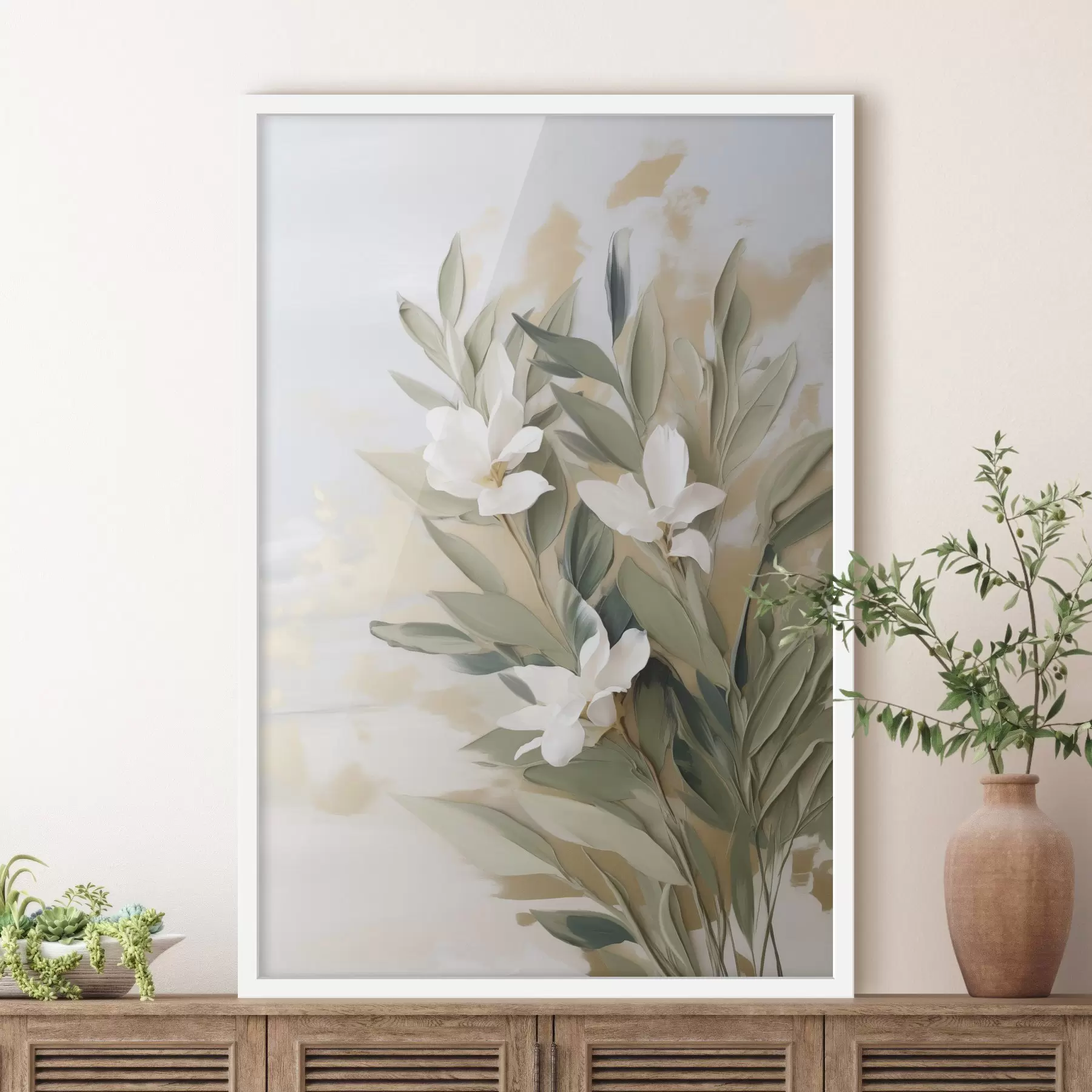 Papier peint Des fleurs blanches et des feuilles vertes sur un fond doux et texturé aux couleurs pastel f50619
