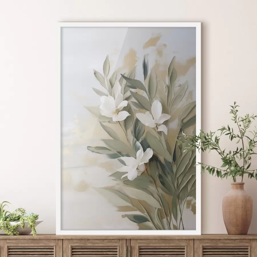 Papier peint Des fleurs blanches et des feuilles vertes sur un fond doux et texturé aux couleurs pastel f50619