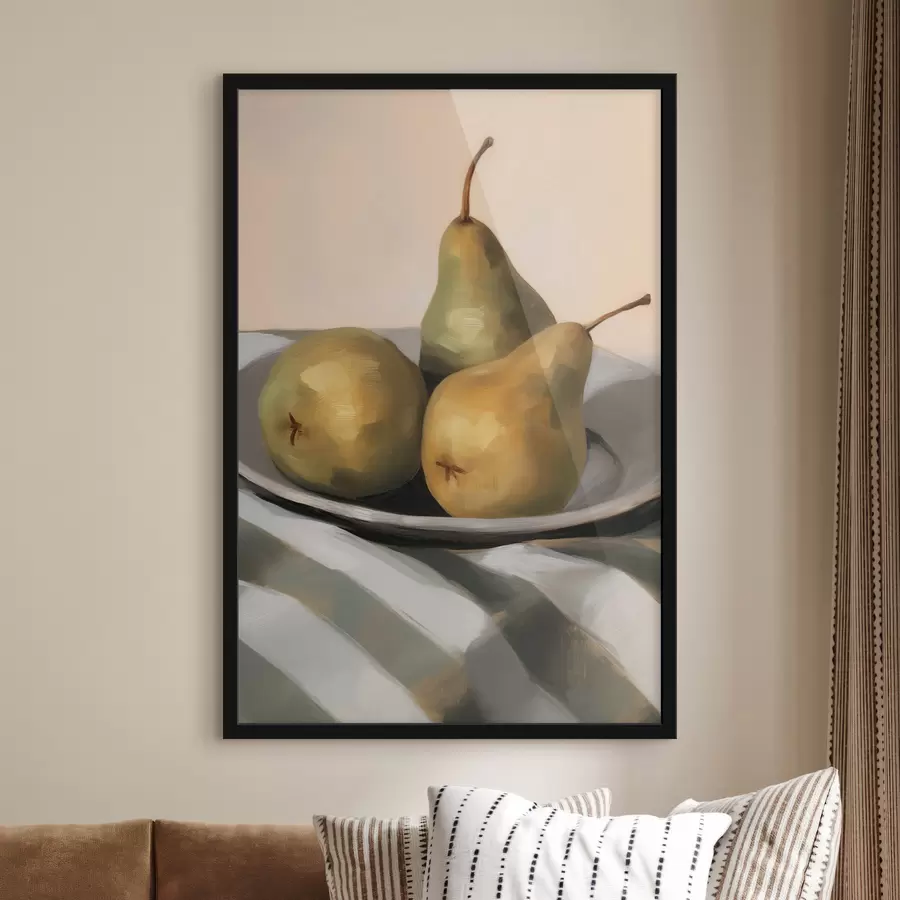 Papier peint Nature morte aux poires sur un linge rayé f50620